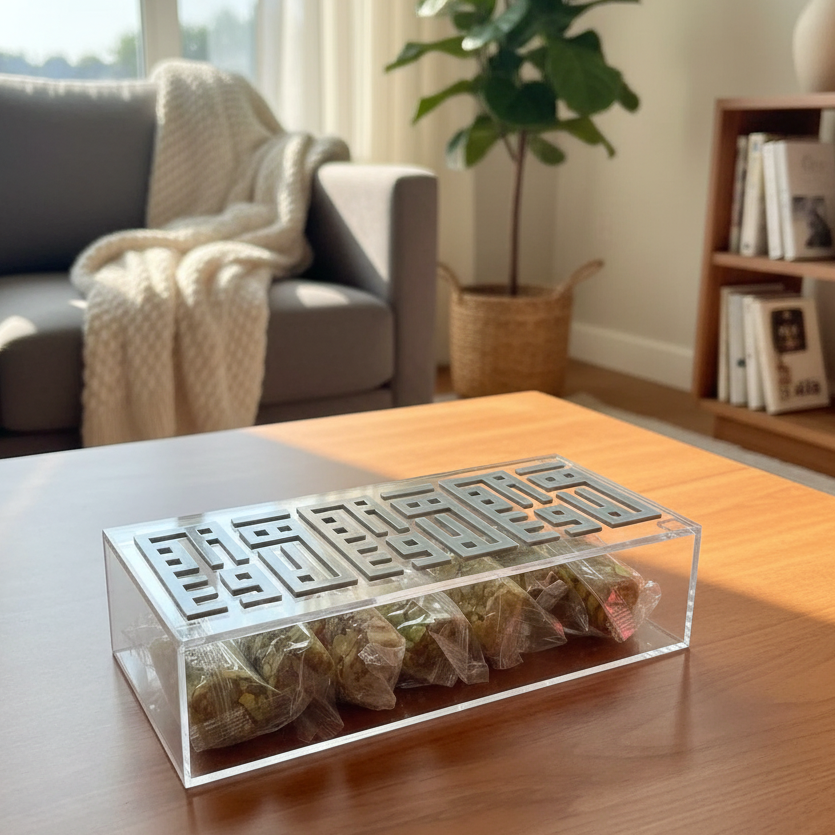 Clear organizer with compartments on a wooden table in a living room.
